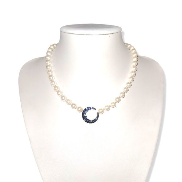Eye Candy The Luxe Collection Blue and White CZ Moon Round Shell Pearls 18" - Picture 8 of 9